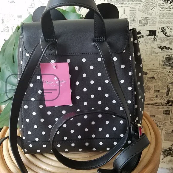 Kate Spade NWT Minnie Mouse Polka Dot Black Medium Backpack Refined Leather - Picture 2 of 10